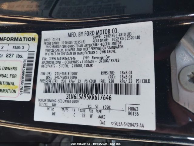 3LN6L5A95KR617646 Lincoln Mkz Standard