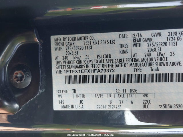Ford F-150 Xl 2017 1FTFX1EFXHFA79372 Image 9