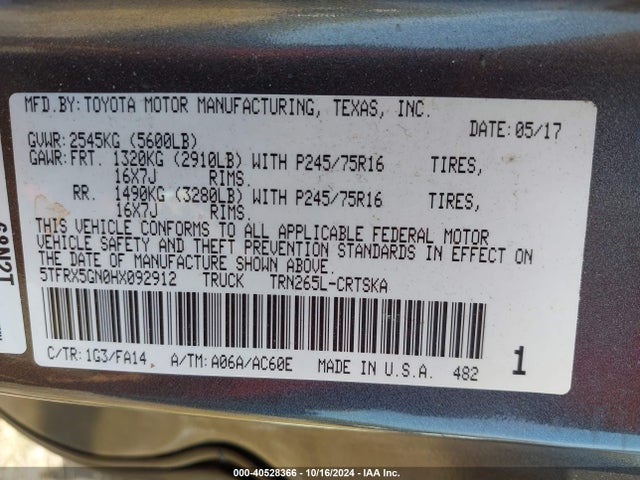 Toyota Tacoma Sr 2017 5TFRX5GN0HX092912 Image 9