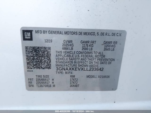 3GNAXKEVXLL233642 Chevrolet Equinox Fwd Lt 1.5l Turbo