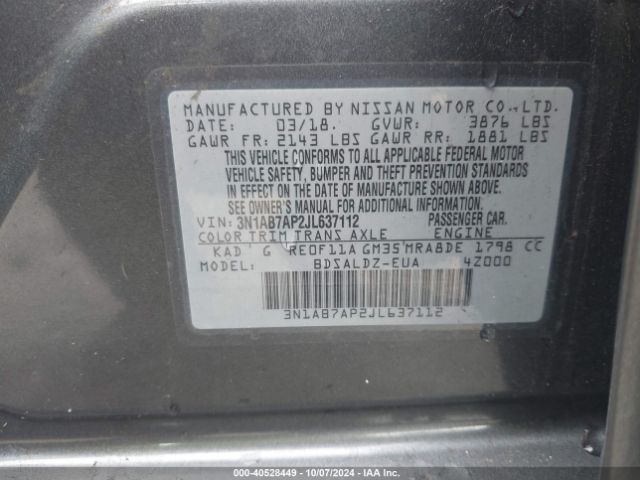 3N1AB7AP2JL637112 Nissan SENTRA SV