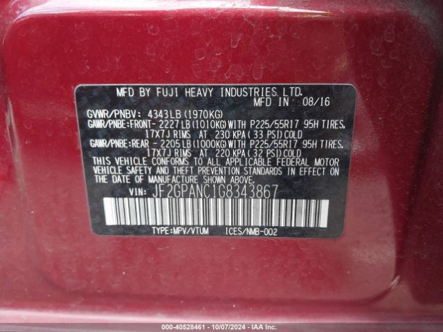 JF2GPANC1G8343867 Subaru Crosstrek 2.0i Limited