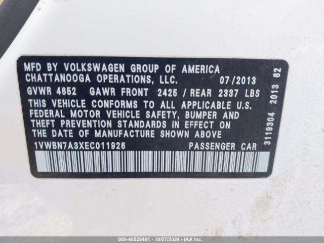 1VWBN7A3XEC011926 Volkswagen Passat 2.0l Tdi Se