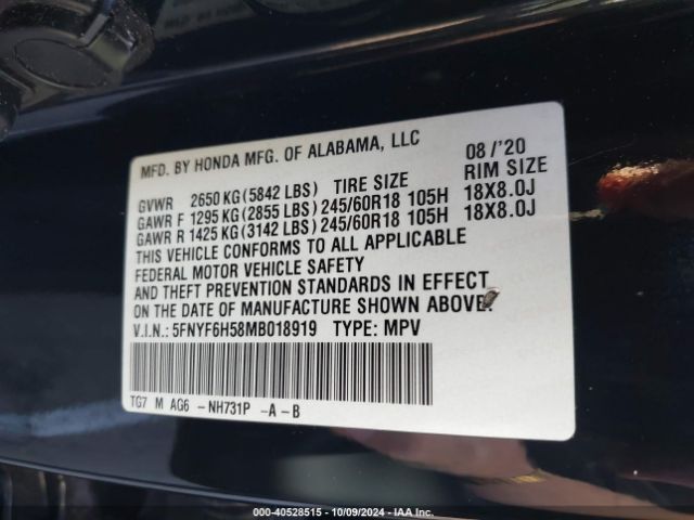 5FNYF6H58MB018919 Honda Pilot Awd Ex-l
