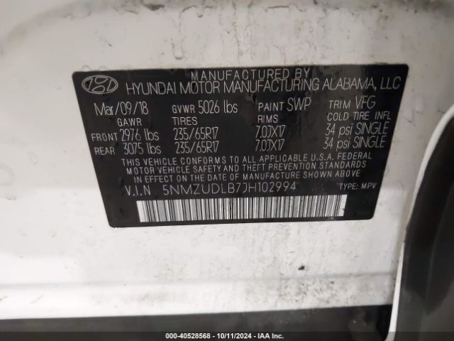 5NMZUDLB7JH102994 Hyundai Santa Fe Sport 2.4l