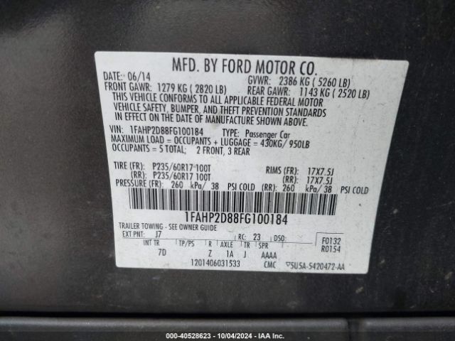 1FAHP2D88FG100184 Ford TAURUS SE
