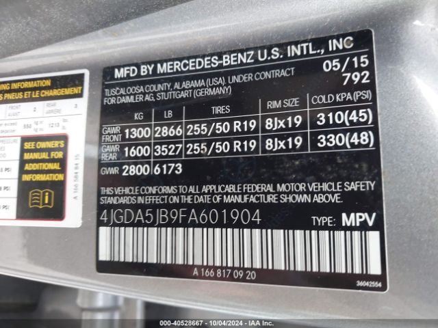 4JGDA5JB9FA601904 Mercedes-Benz ML 350