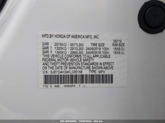 5J8YD4H34KL036158 Acura Mdx Standard