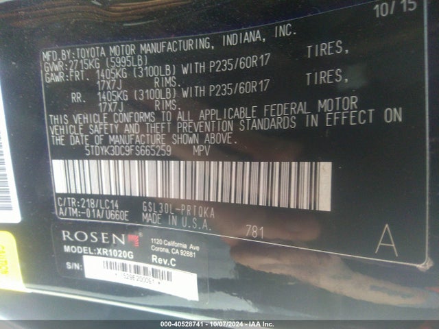 Toyota Sienna Xle 8 Passenger 2015 5TDYK3DC9FS665259 Image 9