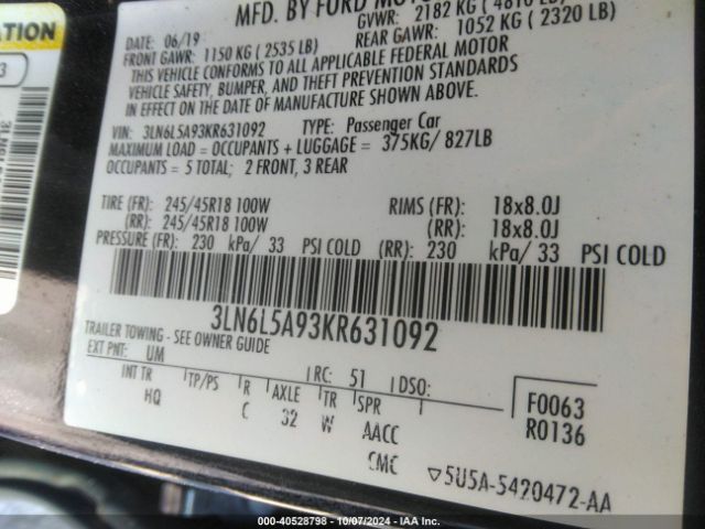 3LN6L5A93KR631092 Lincoln Mkz Standard
