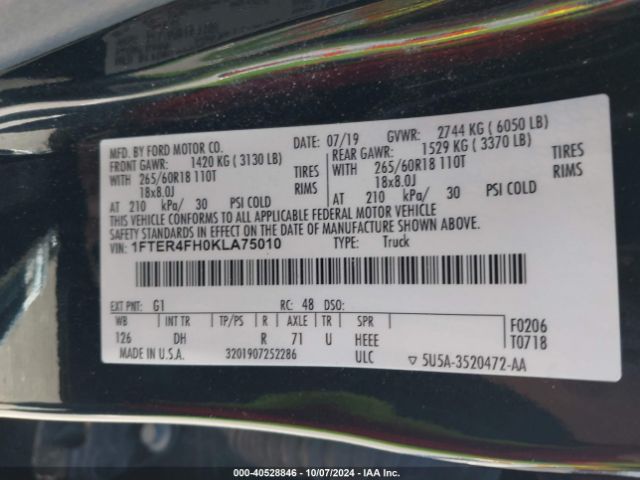 1FTER4FH0KLA75010 Ford Ranger Lariat