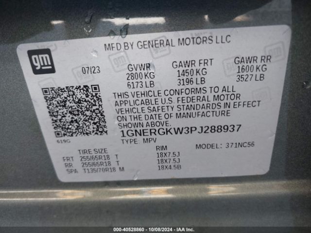 1GNERGKW3PJ288937 Chevrolet Traverse Fwd Lt Cloth