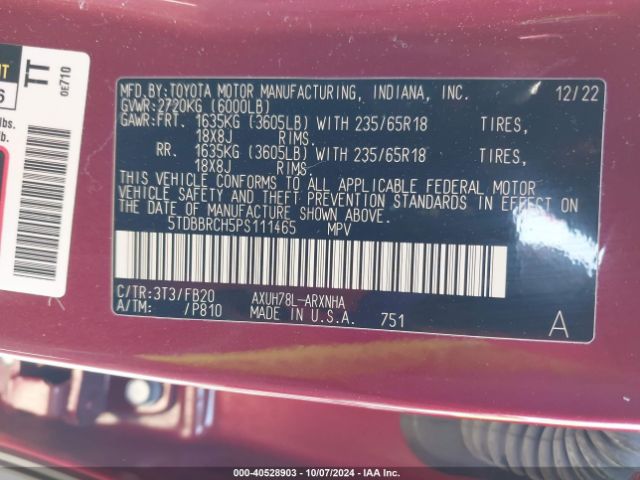 5TDBBRCH5PS111465 Toyota Highlander Hybrid Le