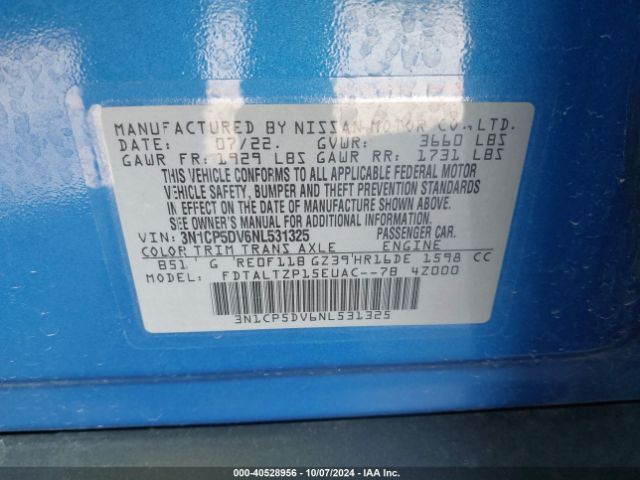 3N1CP5DV6NL531325 Nissan Kicks Sr Xtronic Cvt