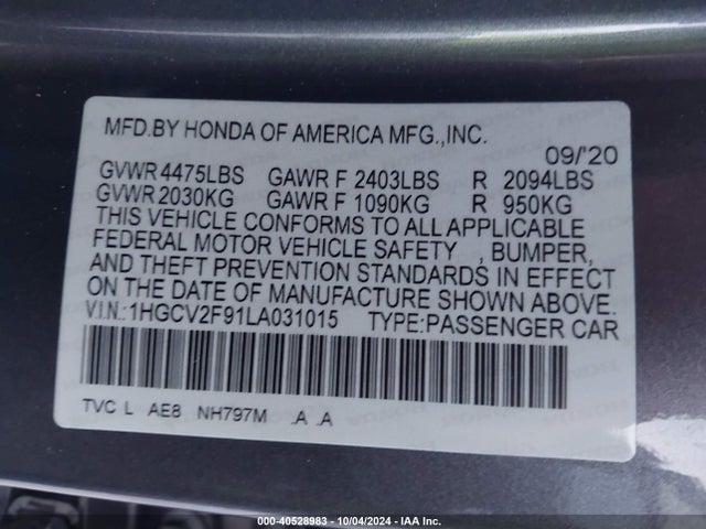 Honda Accord Touring 2020 1HGCV2F91LA031015 Image 9