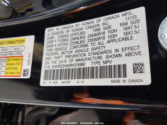 2HKRS3H42RH316980 Honda Cr-v Ex 2wd