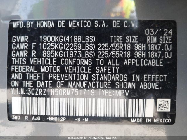 3CZRZ1H50RM751719 Honda Hr-v 2wd Sport/2wd Sport W/o Bsi