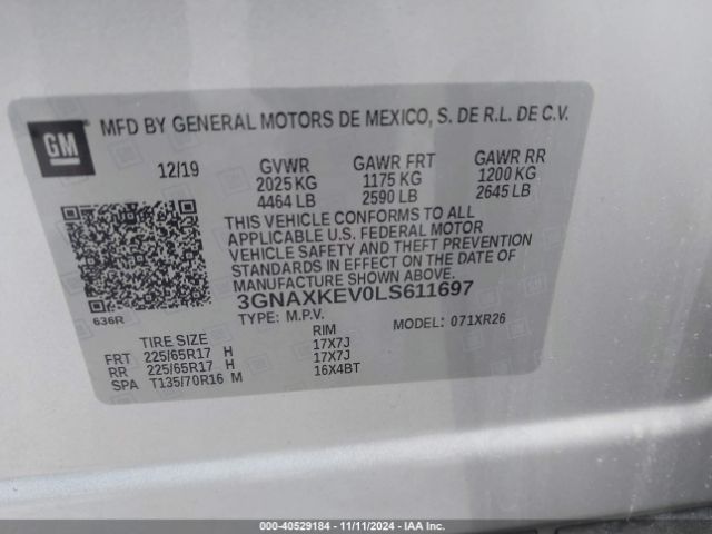 3GNAXKEV0LS611697 Chevrolet Equinox Fwd Lt 1.5l Turbo