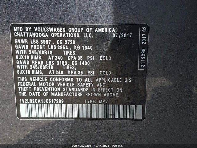 1V2LR2CA1JC517289 Volkswagen Atlas 3.6l V6 Se/3.6l V6 Se W/technology
