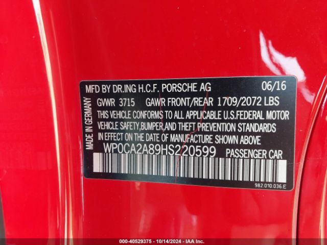 WP0CA2A89HS220599 Porsche 718 Boxster