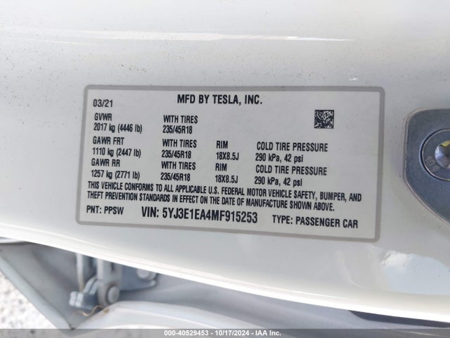 2021 TESLA MODEL 3 5YJ3E1EA4MF915253 Photo 8