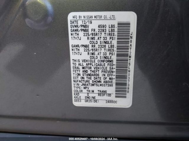 JN8AT2MT5LW037398 Nissan Rogue S Fwd