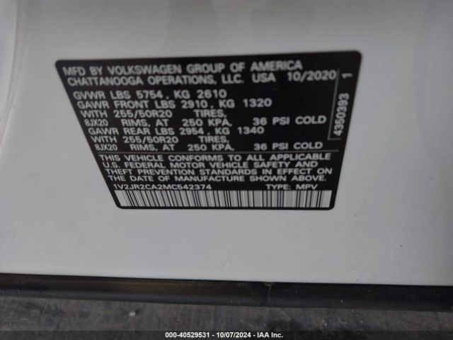 1V2JR2CA2MC542374 Volkswagen Atlas 3.6l V6 Se W/technology
