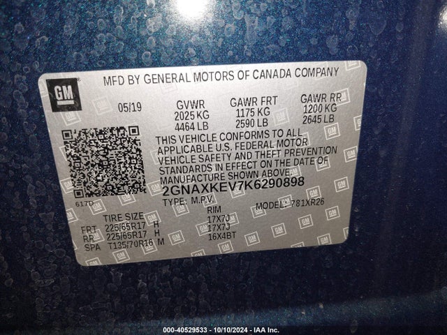 Chevrolet EQUINOX LT 2019 2GNAXKEV7K6290898 Image 9