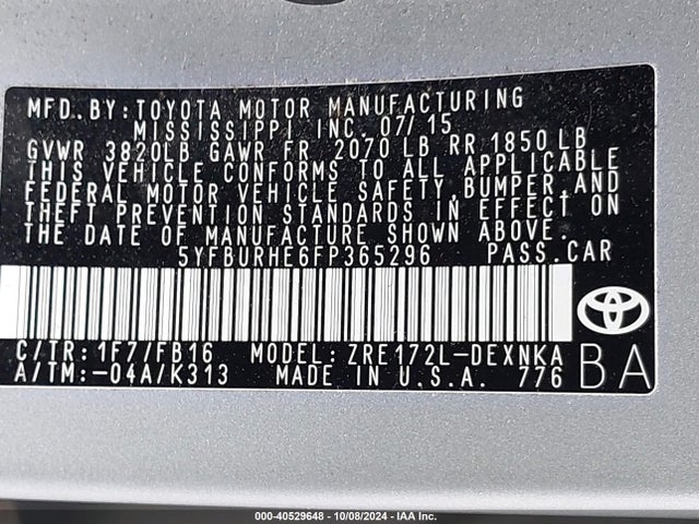 Toyota COROLLA LE 2015 5YFBURHE6FP365296 Image 9