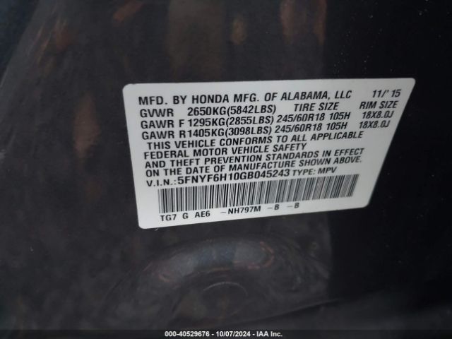 5FNYF6H10GB045243 Honda PILOT LX