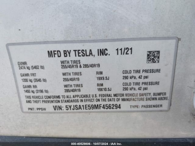 5YJSA1E59MF456294 Tesla Model S Long Range Dual Motor All-wheel Drive