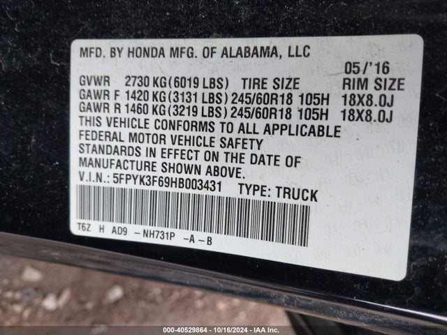 Honda Ridgeline Rtl-t 2017 5FPYK3F69HB003431 Image 9