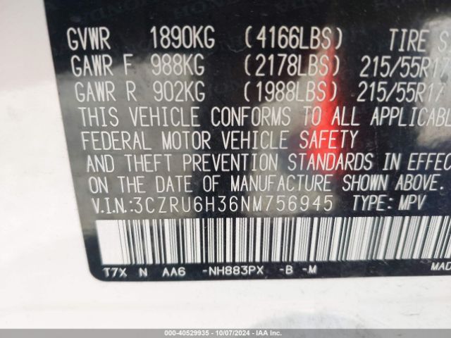 3CZRU6H36NM756945 Honda Hr-v Awd Lx