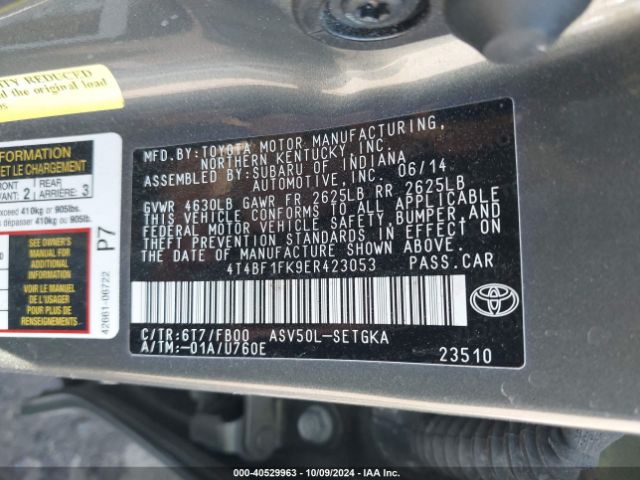 4T4BF1FK9ER423053 Toyota CAMRY XLE