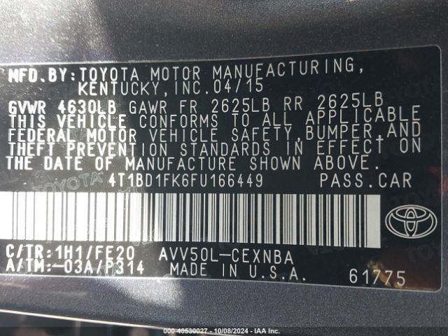 4T1BD1FK6FU166449 Toyota Camry Hybrid Le