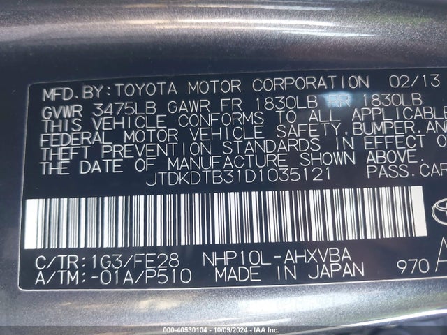 40530104 :رقم المزاد ، JTDKDTB31D1035121 vin ، 2013 Toyota Prius C One مزاد بيع