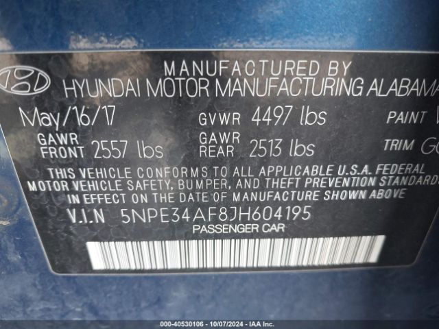 5NPE34AF8JH604195 Hyundai SONATA SEL