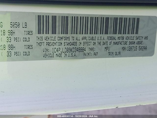1C4PJLDB9KD348884 Jeep Cherokee Limited Fwd