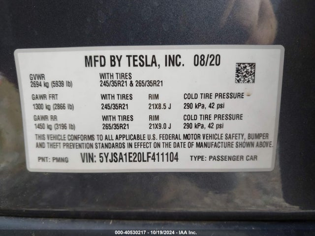 2020 TESLA MODEL S 5YJSA1E20LF411104 Photo 8