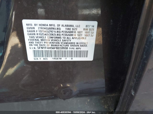 Honda Pilot Ex-l 2015 5FNYF4H56FB010938 Image 9