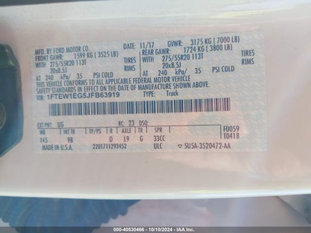 1FTEW1EG5JFB63919 Ford F-150 Platinum
