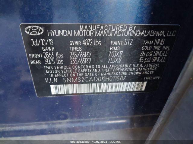 5NMS2CAD0KH011587 Hyundai Santa Fe Se
