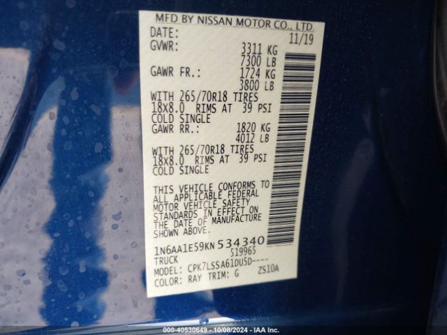 1N6AA1E59KN534340 Nissan TITAN SV