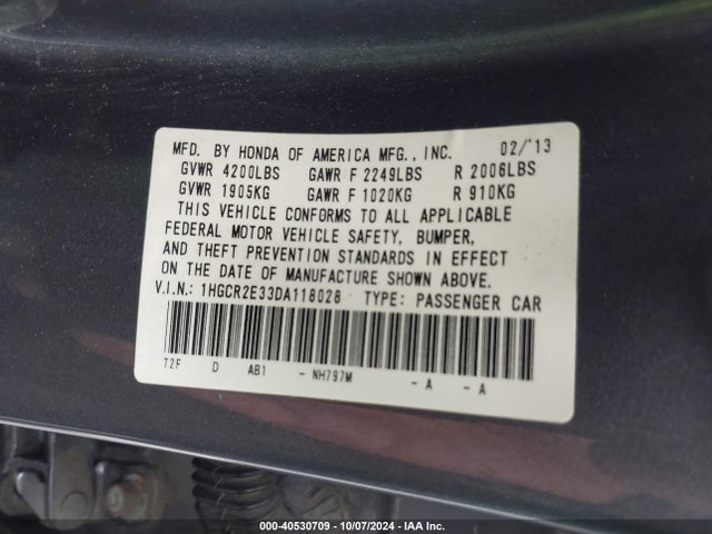 2013 Honda Accord Lx მანქანა იყიდება აუქციონზე, vin: 1HGCR2E33DA118028, აუქციონის ნომერი: 40530709