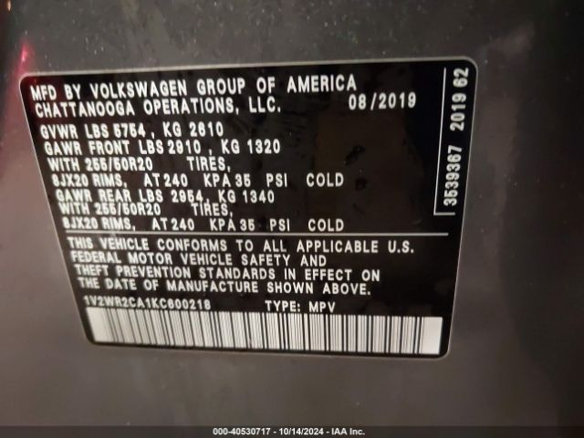 1V2WR2CA1KC600218 Volkswagen Atlas 3.6l V6 Se W/technology