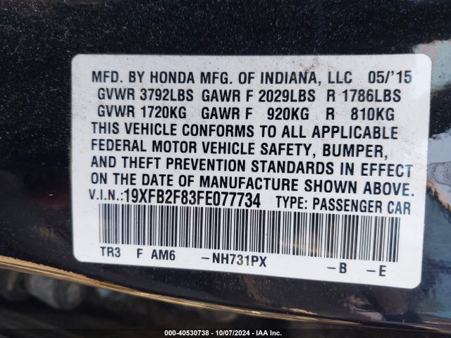 Продаж на аукціоні авто 2015 Honda Civic Ex, vin: 19XFB2F83FE077734, номер лоту: 40530738