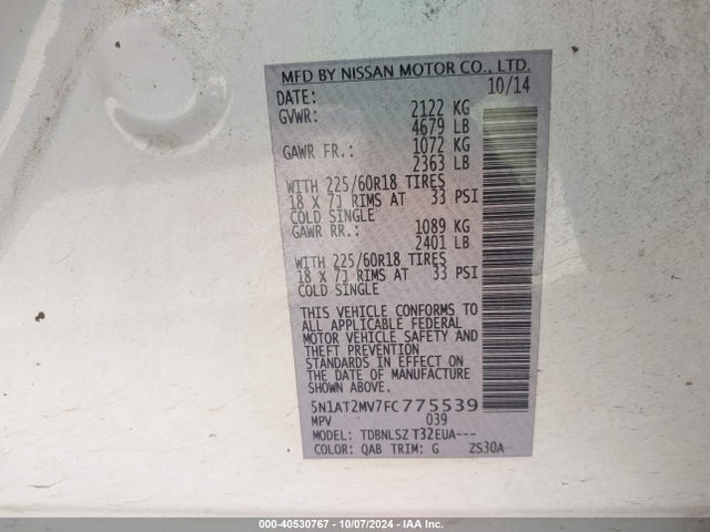 Nissan Rogue Sl 2015 5N1AT2MV7FC775539 Image 9