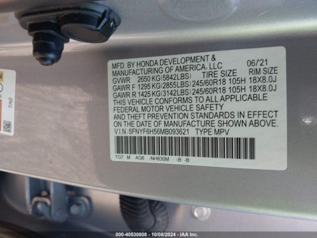 5FNYF6H56MB093621 Honda Pilot Awd Ex-l