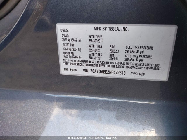 2022 TESLA MODEL Y 7SAYGAEE2NF472818 Photo 8