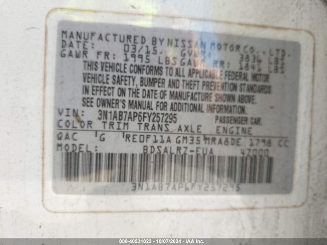 Nissan SENTRA SR 2015 3N1AB7AP6FY257295 Image 9